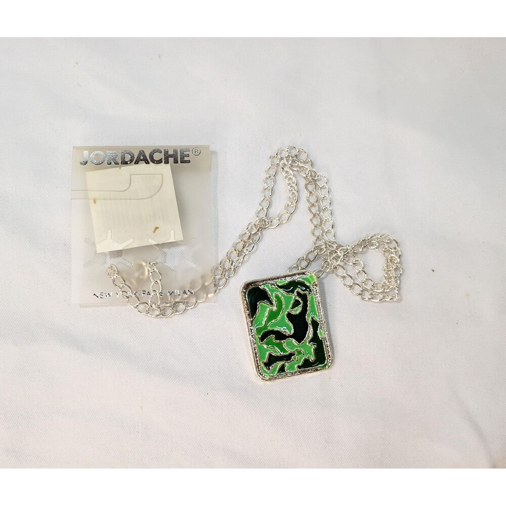 Vintage Jordache Green and Black Enamel Pendant with Silver Toned Necklace NIP